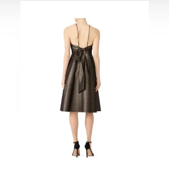 NWT Halston gold jacquard, back glitter bow dress Size 2 - Picture 2 of 8